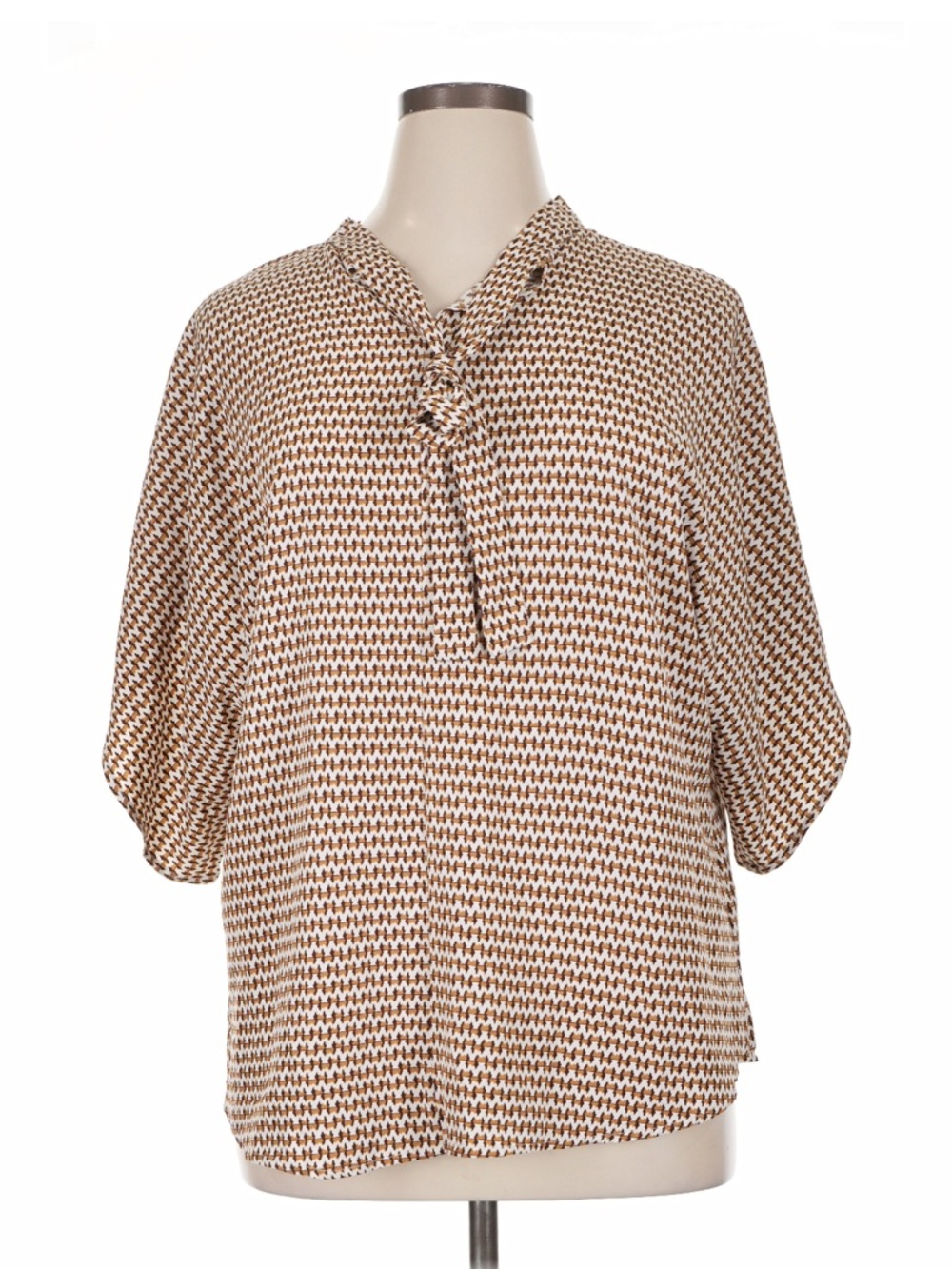 SHEIN Brown & Cream Houndstooth V-Neck Tie Blouse